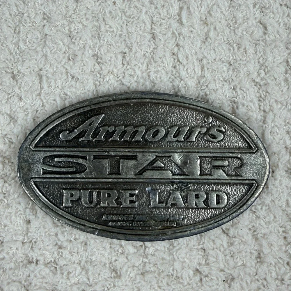 Vintage 1976 Bergamot Brass Works Armours Star Pure Lard Belt Buckle Pewter Tone